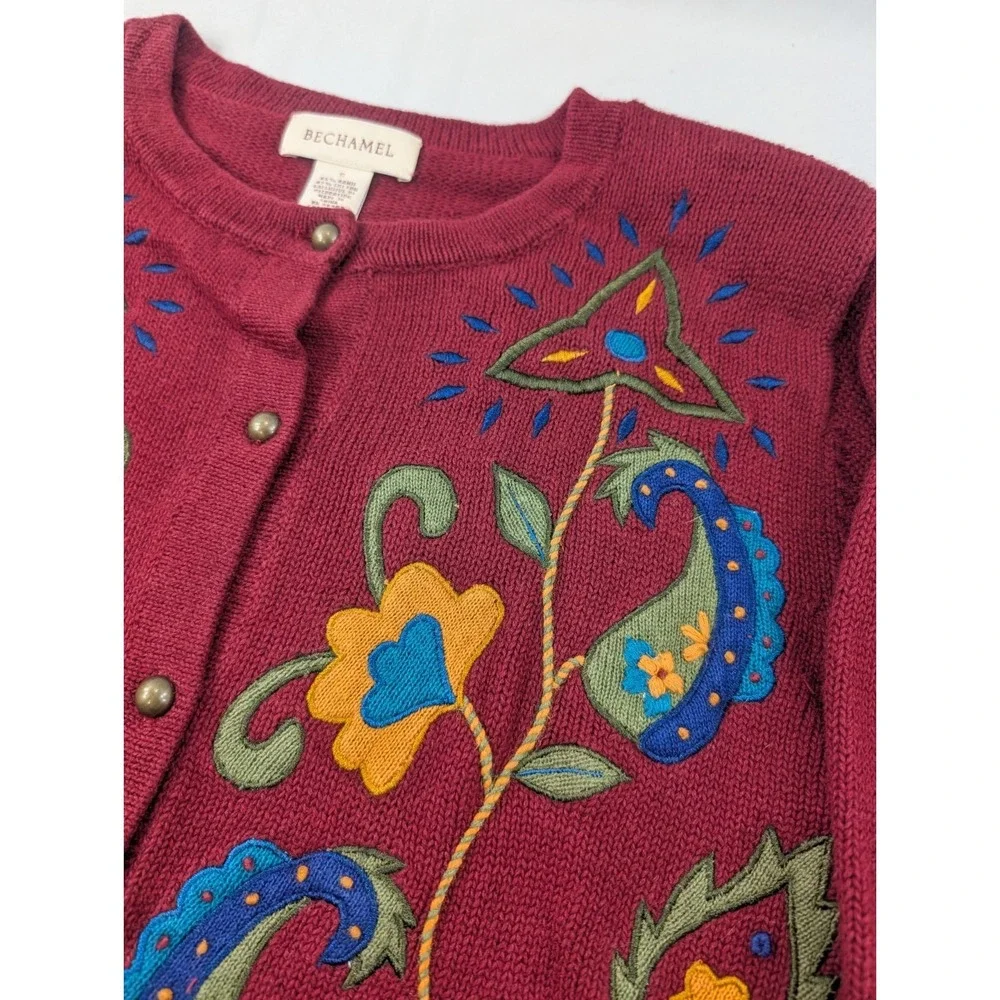 Bechamel Maroon Cotton Blend Cardigan Sweater Embroidered Shoulder Pads‎ Small